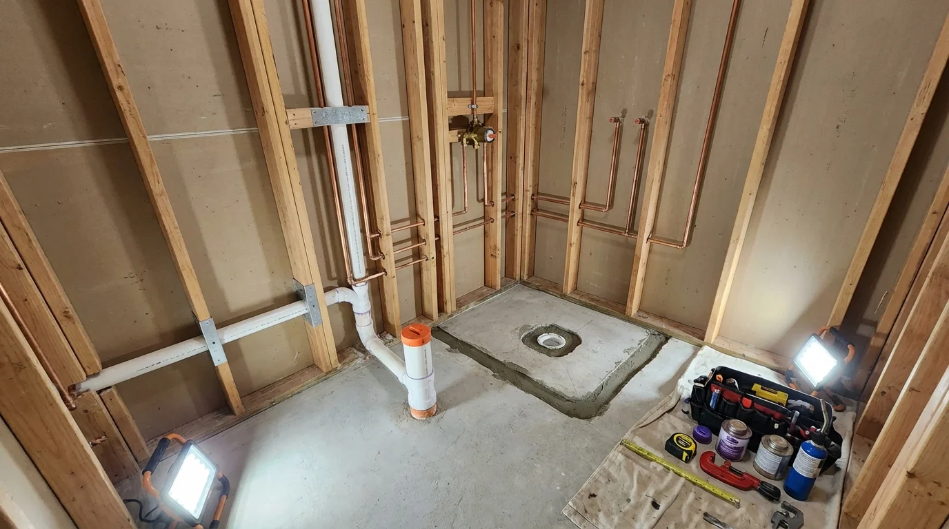 Bathroom rough-in plumbing during remodel by Johns Plumbing LLC in Gassville