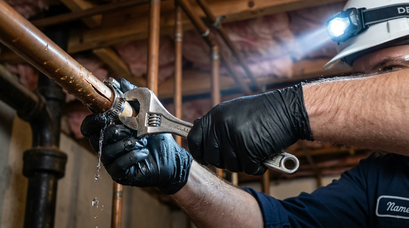 Emergency pipe clamp repair being performed by a Johns Plumbing LLC plumber in Gassville