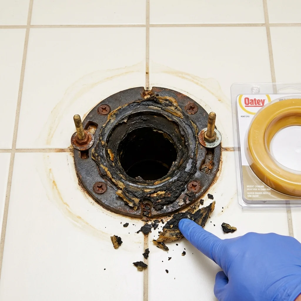 Failed wax ring showing water seepage at the base of a toilet in a Gassville, AR home