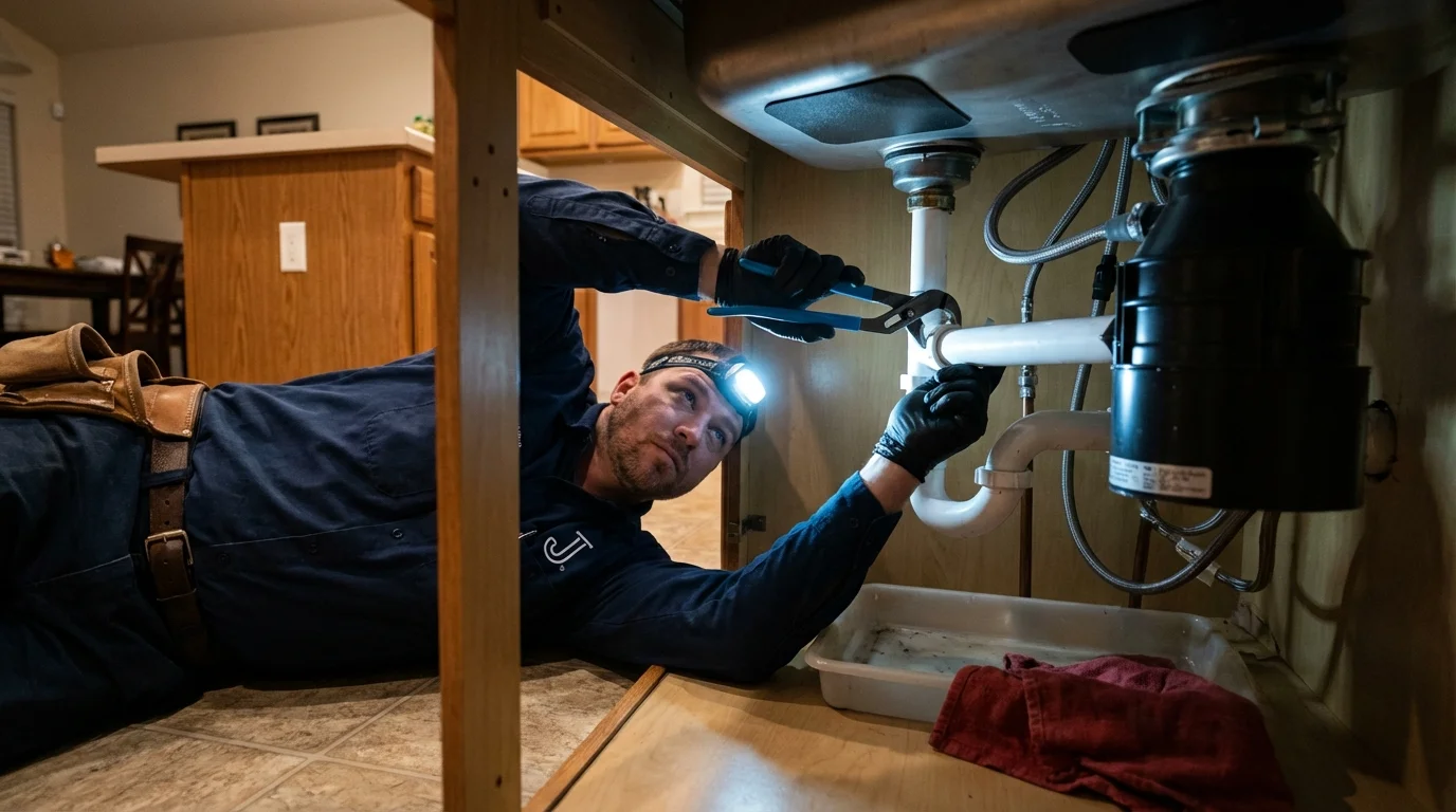 P-trap and supply line connections under a kitchen sink showing a common leak point in Gassville, AR
